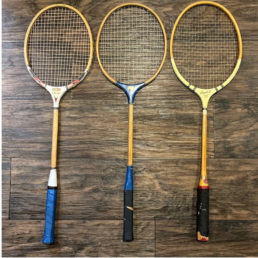 Three Vintage Wood Badminton Rackets & Press Frames All Pro Classic Campbell 33 - Picture 3 of 16